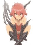  armor belt breasts camisole demon_girl eyes_visible_through_hair gauntlets graphite_(medium) greaves hair_between_eyes highres horn indian_style looking_at_viewer mechanical_wings miniskirt original plus_step red_eyes red_hair red_shirt red_skirt shirt simple_background single_wing sitting skirt small_breasts smile solo traditional_media v_arms white_background wings 
