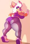  2018 absurd_res anthro bat big_breasts bimbofication blue_eyes breasts butt clothed clothing digital_media_(artwork) ear_piercing eyelashes eyeshadow female footwear fully_clothed gloves hair hi_res lipstick looking_back makeup mammal piercing purple_lipstick rouge_the_bat solo sonic_(series) stunnerpony white_hair 