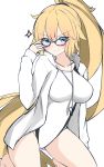  &gt;:) absurdres arm_up bangs bare_legs barefoot black-framed_eyewear blonde_hair blue_eyes blush closed_mouth competition_swimsuit eyebrows_visible_through_hair fate/grand_order fate_(series) glasses hair_between_eyes high_ponytail highres hood hood_down hooded_jacket jacket jeanne_d'arc_(fate)_(all) jeanne_d'arc_(swimsuit_archer) kneeling long_hair moyoron one-piece_swimsuit open_clothes open_jacket ponytail simple_background sketch sleeves_past_wrists smile solo sparkle swimsuit v-shaped_eyebrows very_long_hair whistle whistle_around_neck white_background white_jacket white_swimsuit 