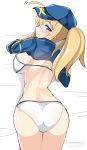  absurdres ahoge artoria_pendragon_(all) ass bangs baseball_cap bed_sheet bikini blonde_hair blue_eyes blue_hat blue_jacket blush breast_press breasts closed_mouth cropped_jacket eyebrows_visible_through_hair fate/grand_order fate_(series) hair_between_eyes hair_through_headwear hat highres jacket large_breasts long_hair looking_at_viewer looking_back lying moyoron mysterious_heroine_xx_(foreigner) on_stomach ponytail short_sleeves shrug_(clothing) smile solo swimsuit white_bikini 