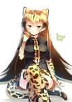  absurdres black_bow black_shirt blonde_hair boots bow bow_footwear breasts brown_hair cheetah_ears cheetah_print cheetah_tail collared_shirt commentary crossed_legs elbow_gloves extra_ears gloves gradient_hair hand_up highres japari_symbol kanzakietc kemono_friends king_cheetah_(kemono_friends) knee_boots long_hair looking_at_viewer medium_breasts multicolored_hair necktie orange_eyes print_footwear print_gloves print_legwear print_neckwear shirt short_sleeves simple_background sitting smile solo thighhighs very_long_hair white_background 