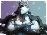  2017 abs anthro biceps canine clothing fur headband hi_res horkeukamui kemono loincloth male mammal multicolored_fur muscular muscular_male pecs scar simple_background skarltano solo tokyo_afterschool_summoners white_fur wolf 