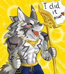  2018 absurd_res anthro blush canine cat_orange_(artist) clothed clothing cute eyes_closed fur grey_fur hi_res male mammal muscular muscular_male seth_(tas) simple_background solo swimsuit tokyo_afterschool_summoners topless yellow_background 