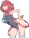  bangs black_swimsuit breasts covered_navel earrings enpe highres homura_(xenoblade_2) jewelry large_breasts one-piece_swimsuit open_mouth red_eyes red_hair short_hair sidelocks solo swept_bangs swimsuit tiara xenoblade_(series) xenoblade_2 