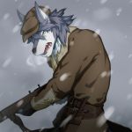  2018 anthro black_nose canine clothed clothing fangs fate/grand_order gun hat male mammal open_mouth patxi ranged_weapon skarltano snow solo tongue weapon wolf 