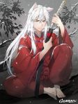  ahoge animal_ears barefoot cloud cloudy_sky dog_ears floating_hair gearous hair_between_eyes hakama highres holding holding_sheath holding_sword holding_weapon inuyasha inuyasha_(character) japanese_clothes jewelry katana kimono left-handed long_hair looking_at_viewer magatama male_focus necklace outdoors red_hakama red_kimono ribbon-trimmed_sleeves ribbon_trim sheath silver_hair sitting sky snowing solo sword unsheathing very_long_hair weapon yellow_eyes 