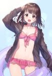  absurdres brown_eyes brown_hair commentary highres innertube looking_at_viewer menhera open_mouth original pomu short_hair smile solo swimsuit 