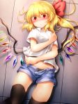  alternate_costume bangs black_legwear black_panties blonde_hair blush camisole commentary_request contemporary cowboy_shot crystal denim denim_shorts eyebrows_visible_through_hair eyes_visible_through_hair fang_out flandre_scarlet floor from_above hair_between_eyes hair_ribbon hand_up head_tilt highres long_hair looking_at_viewer lying m9kndi midriff nail_polish no_hat no_headwear nose_blush on_back one_side_up open_fly panties pink_nails red_eyes red_ribbon ribbon school_uniform see-through shadow shirt short_shorts short_sleeves shorts solo thighhighs thighs touhou translation_request unbuttoned underwear white_shirt wing_collar wings 
