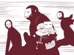  assassin_(fate/zero) blush chibi comic commentary_request fate/grand_order fate_(series) holding holding_knife jack_the_ripper_(fate/apocrypha) knife mask mask_on_head monochrome motion_lines running sako_(bosscoffee) skull_mask sweatdrop 