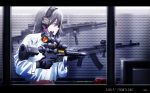  ar-15 assault_rifle bangs black_gloves commentary_request copyright_name girls_frontline gloves grey_hair gun hair_between_eyes headphones highres holding holding_gun holding_weapon ihobus long_hair long_sleeves looking_to_the_side m4_carbine m4a1_(girls_frontline) midriff navel profile rifle scope solo standing turtleneck upper_body weapon 
