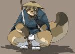  2018 anthro brown_fur canine clothed clothing donguri fundoshi fur hat humanoid_hands japanese_clothing male mammal one_eye_closed slightly_chubby solo tanuki underwear wink 