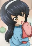  bangs black_hair blue_pants blue_shirt blurry blurry_background brown_eyes depth_of_field eyebrows_visible_through_hair from_side frown girls_und_panzer hairband holding kanau long_hair long_sleeves looking_at_viewer looking_up on_bed open_mouth pajamas pants pillow pillow_hug reizei_mako shirt sitting solo wavy_mouth white_hairband 