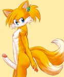  2_tails anthro blue_eyes blush canine dgemporium erection fox fur humanoid_penis male mammal miles_prower multi_tail multicolored_tail nipples orange_fur penis side_view simple_background solo sonic_(series) tan_background white_fur 