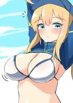  absurdres ahoge arms_up artoria_pendragon_(all) bangs baseball_cap bikini blonde_hair blue_eyes blue_hat blue_jacket blue_sky blush breasts cleavage closed_mouth cloud cropped_jacket day eyebrows_visible_through_hair fate/grand_order fate_(series) hair_between_eyes hair_through_headwear hat highres jacket large_breasts long_hair moyoron mysterious_heroine_xx_(foreigner) notice_lines outdoors shrug_(clothing) sidelocks sketch sky solo swimsuit upper_body white_bikini 