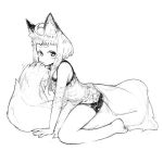  ahoge animal_ears bare_legs bare_shoulders barefoot blush closed_mouth commentary_request fox fox_ears fox_girl_(jaco) fox_tail greyscale jaco large_tail monochrome off_shoulder original shirt short_eyebrows short_hair short_hair_with_long_locks sidelocks simple_background solo straddling tail white_background 