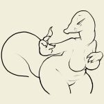  2018 anthro belly breasts butt claws digital_media_(artwork) fangs featureless_breasts female hand_on_breast itsunknownanon monochrome navel nintendo nude pok&eacute;mon pok&eacute;mon_(species) reptile salazzle scalie simple_background sketch slightly_chubby smile solo tan_background thick_tail video_games voluptuous wide_hips 