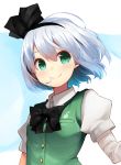  bandages black_bow black_hairband bow bowtie eyebrows_visible_through_hair floating_hair green_eyes hair_between_eyes hair_ornament hairband konpaku_youmu konpaku_youmu_(ghost) looking_at_viewer nigo_(aozoragarou) shirt short_hair short_sleeves silver_hair smile solo touhou upper_body white_background white_shirt 