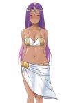  absurdres arms_behind_back bikini blush breasts brown_eyes cleavage collarbone commentary_request dark_skin dragon_quest dragon_quest_iv headgear highres long_hair looking_at_viewer medium_breasts minea miru_(wvjc7832) navel purple_hair sarong solo swimsuit very_long_hair white_background white_bikini white_sarong 