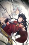 alternate_form black_eyes black_hair brothers clenched_teeth eye_contact facial_mark fingernails floating_hair gearous highres holding holding_sword holding_weapon inuyasha inuyasha_(character) japanese_clothes katana kimono long_hair looking_at_another male_focus multiple_boys red_kimono sesshoumaru sharp_fingernails siblings silver_hair sword teeth weapon 