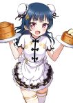  :d apron bangs blush bun_cover chinese_clothes cowboy_shot deadnooodles eyebrows_visible_through_hair fang food_request hair_ornament highres holding holding_plate long_hair looking_at_viewer love_live! love_live!_sunshine!! maid open_mouth plate purple_eyes shirt short_sleeves simple_background skirt smile solo sparkle thighhighs tsushima_yoshiko waist_apron white_apron white_background white_legwear 
