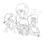  1970s anthro black_and_white buckteeth canine clothing facial_hair fox group hair hair_over_eyes jacket lagomorph long_hair male mammal monochrome mouse rabbit rockytoonzcomics rodent sideburns size_difference smile teeth traditional_media_(artwork) v-neck wolf 