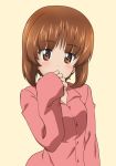  bangs blush brown_eyes brown_hair commentary covering_mouth eyebrows_visible_through_hair girls_und_panzer kanau long_sleeves looking_at_viewer nishizumi_miho pajamas pink_shirt shirt short_hair simple_background solo standing upper_body yellow_background 