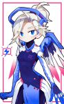  alternate_color blue_eyes blush bodysuit breasts commentary e-sports english_commentary faulds grey_hair hair_over_one_eye high_ponytail highres mechanical_halo mechanical_wings mercy_(overwatch) new_york_excelsior overwatch pelvic_curtain rye-beer small_breasts solo spread_wings wings 