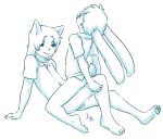  2014 ambiguous_gender anthro anthro_on_anthro aogami balls barely_visible_genitalia butt canine clothed clothing cub duo lagomorph lapdance male male/ambiguous mammal monochrome partially_clothed pawpads rabbit simple_background smile white_background wolf young 