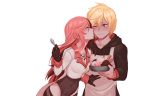  1girl ;) black_gloves black_hair blonde_hair blue_eyes blush cheek_kiss closed_eyes commentary crop_top drawstring english_commentary food gloves hair_between_eyes hetero hood hoodie ice_cream jaune_arc jewelry kiss leotard less long_hair long_sleeves multicolored_hair necklace neo_(rwby) one_eye_closed pink_hair plate rwby simple_background smile spoon two-tone_hair very_long_hair white_background 