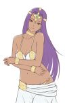  absurdres bikini breasts brown_eyes cleavage collarbone commentary_request cowboy_shot dark_skin dragon_quest dragon_quest_iv earrings headgear highres jewelry light_smile long_hair looking_at_viewer medium_breasts minea miru_(wvjc7832) navel purple_hair sarong solo swimsuit very_long_hair white_background white_bikini white_sarong 