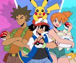  2018 ambiguous_gender ash_ketchum black_hair blue_eyes brock_(pok&eacute;mon) brown_hair clothed clothing digital_media_(artwork) eyes_closed female fingerless_gloves gloves group hair hi_res human human_focus looking_at_viewer male mammal misty_(pok&eacute;mon) nintendo open_mouth open_smile orange_hair pikachu pok&eacute;ball pok&eacute;mon pok&eacute;mon_(species) psyduck smile sssonic2 togepi video_games 