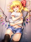  alternate_costume anger_vein bangs black_legwear black_panties blonde_hair blush camisole commentary_request contemporary cowboy_shot crystal cum cumdrip denim denim_shorts eyebrows_visible_through_hair eyes_visible_through_hair facial fangs flandre_scarlet floor from_above hair_between_eyes hair_ribbon hand_up head_tilt highres long_hair looking_at_viewer lying m9kndi midriff nail_polish no_hat no_headwear nose_blush on_back one_side_up open_fly open_mouth panties pink_nails red_eyes red_ribbon ribbon school_uniform see-through shadow shirt short_shorts short_sleeves shorts solo thighhighs thighs touhou translation_request unbuttoned underwear white_shirt wing_collar wings 