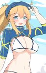  :d absurdres adjusting_clothes adjusting_hat ahoge arm_up artoria_pendragon_(all) bangs baseball_cap bikini blonde_hair blue_eyes blue_hat blue_jacket blue_sky blush breasts cleavage cropped_jacket day eyebrows_visible_through_hair fate/grand_order fate_(series) hair_between_eyes hair_through_headwear hat highres jacket large_breasts long_hair looking_at_viewer moyoron mysterious_heroine_xx_(foreigner) navel open_mouth outdoors short_sleeves shrug_(clothing) sidelocks sky smile solo swimsuit tentacles white_bikini 