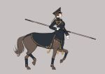  blue_jacket braid brown_hair centaur closed_mouth from_side genso gloves grey_background hat holding jacket long_hair long_sleeves military military_uniform monster_girl original peaked_cap simple_background solo staff uniform walking white_gloves 