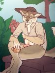  anthro balls bottomless canine casual_nudity clothed clothing eyewear flaccid glasses glopossum hat humanoid_penis looking_at_viewer male mammal penis sitting smile solo 