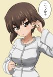  adjusting_hair bangs blush brown_eyes brown_hair casual commentary ear_protection earbuds earphones eyebrows_visible_through_hair girls_und_panzer grey_shirt head_tilt holding kanau long_sleeves looking_at_viewer nishizumi_maho parted_lips shirt short_hair simple_background solo standing striped striped_shirt translation_request upper_body yellow_background 