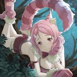  animal_ears arm_ribbon bangs bow bowtie breasts cat_ears cat_tail cheshire_cat cheshire_cat_(cosplay) chin_rest cleavage cosplay forest fur_trim gloves hair_ornament hairclip lisbeth looking_at_viewer lying medium_breasts nature official_art on_stomach outdoors parted_bangs paw_gloves paw_shoes paws pink_bikini_top pink_eyes pink_footwear pink_gloves pink_hair pink_tail red_bow red_neckwear red_ribbon red_shorts ribbon shiny shiny_hair shoes short_hair short_shorts shorts smile solo striped_bikini_top striped_tail sword_art_online tail the_pose tree 