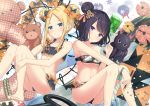  abigail_williams_(fate/grand_order) animal bangs bare_arms bare_legs bare_shoulders barefoot bendy_straw bikini black_bikini black_bow blonde_hair blue_eyes blush bow closed_mouth collarbone commentary_request cup drink drinking_glass drinking_straw emerald_float eyebrows_visible_through_hair fate/grand_order fate_(series) forehead hair_bow hair_ornament hand_up holding holding_paintbrush innertube katsushika_hokusai_(fate/grand_order) key miko_fly multiple_girls octopus orange_bow oversized_object paintbrush painting_summer parted_bangs parted_lips polka_dot polka_dot_bow polka_dot_innertube purple_eyes purple_hair smile stuffed_animal stuffed_toy swimsuit teddy_bear tokitarou_(fate/grand_order) 