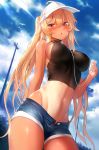  bangs black_rock_shooter blonde_hair blue_sky blush breasts chariot_(black_rock_shooter) cloud crop_top day denim denim_shorts headphones highres long_hair looking_at_viewer m-da_s-tarou media_player one-piece_tan open_mouth shirt short_shorts shorts sideboob sky sleeveless sleeveless_shirt solo tan tanline taut_clothes taut_shirt twintails unbuttoned_pants very_long_hair visor_cap 