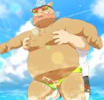  2018 anthro belly blush boar brown_fur bulge clothing cum duo eyewear fur gouryou gropping humanoid_hands male mammal mohawk moobs navel nipples overweight overweight_male penis penta002 porcine speedo sunglasses swimsuit tokyo_afterschool_summoners tusks water 