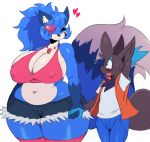  &lt;3 2018 5_fingers anthro belly big_breasts big_butt big_thighs biped blue_fur blue_hair blush breasts butt canine cleavage clothed clothing crop_top cute deep_navel digital_media_(artwork) duo eyelashes female fox fur hair hand_holding happy hi_res huge_breasts larger_female lazuli_(doggod.va) legwear male mammal midriff multicolored_fur navel nintendo nipple_bulge pok&eacute;mon pok&eacute;mon_(species) shinyillusionz_zeke shirt shorts simple_background size_difference slightly_chubby smaller_male smile socks sssonic2 standing striped_legwear striped_socks stripes tank_top thick_thighs thigh_highs video_games voluptuous white_background white_fur wide_hips zorua 