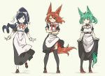  :&lt; :d animal_ears apron black_dress black_hair black_legwear blue_eyes breasts brown_footwear brown_hair closed_mouth commentary crossed_arms detached_collar dress english_commentary eyebrows_visible_through_hair eyes_visible_through_hair floating_hair fox_ears fox_tail green_eyes green_hair grey_background high_heels loafers long_hair looking_at_viewer maid maid_apron medium_breasts multiple_girls neck_ribbon open_mouth orange_hair original pantyhose parted_lips pas_(paxiti) puffy_short_sleeves puffy_sleeves red_footwear red_neckwear red_ribbon ribbon shoes short_sleeves simple_background skirt_hold slit_pupils small_breasts smile standing standing_on_one_leg tail thighhighs two_side_up white_apron white_legwear wing_collar yellow_eyes 