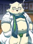  anthro bear belly bulge clothed clothing eyewear fur glasses ld_8000 male mammal moobs navel necktie open_shirt overweight overweight_male polar_bear rave_(housamo) shirt smoking solo tokyo_afterschool_summoners underwear white_fur 