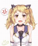  angry animal_ears black_choker blonde_hair blush choker collarbone commentary_request dress fang fangs gloves grid_background highres hoonie_(hoonie_friends) hoonie_friends looking_at_viewer maccha_shiratama open_mouth shirt short_hair sleeveless sleeveless_shirt solo tears tiger_ears tiger_hair_ornament twintails virtual_youtuber yellow_eyes 