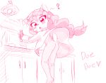 &lt;3 2018 ? anthro bottomless butt cervine clothed clothing desk doe_(alfa995) eyewear female goggles hair jessie-katcat_(artist) lab_coat lamp long_hair looking_at_viewer low-angle_view mammal monochrome open_mouth raised_tail solo vial wind 