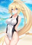  beach blonde_hair blue_eyes blue_sky cloud competition_swimsuit covered_navel cowboy_shot day ero_waifu fate/grand_order fate_(series) high_ponytail jeanne_d'arc_(fate)_(all) jeanne_d'arc_(swimsuit_archer) long_hair looking_at_viewer one-piece_swimsuit outdoors ponytail sky smile solo swimsuit very_long_hair whistle whistle_around_neck white_swimsuit 