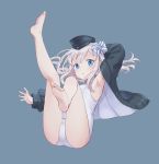  armpits ass bangs barefoot blue_eyes blush commentary emia_wang eyebrows_visible_through_hair feet garrison_cap hair_between_eyes hair_ornament hair_ribbon hat kantai_collection legs legs_up long_hair long_sleeves looking_at_viewer one-piece_swimsuit open_mouth puffy_long_sleeves puffy_sleeves ribbon simple_background solo swimsuit swimsuit_under_clothes thighs u-511_(kantai_collection) white_hair 