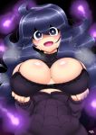  1girl @_@ bra breasts bugge_man cleavage creatures_(company) game_freak hex_maniac_(pokemon) huge_breasts large_breasts long_hair messy_hair nintendo npc_trainer pokemon pokemon_(game) pokemon_xy purple_eyes purple_hair solo underwear 