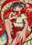  abstract arrow bad_proportions bare_legs black_hair blue_fire eyebrows_visible_through_hair fang fire highres hito_(nito563) kijin_seija large_hands leg_up looking_at_viewer multicolored_hair no_sclera open_mouth red red_eyes sandals shirt short_hair short_sleeves skirt smile solo streaked_hair surreal touhou white_shirt yin_yang 