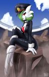  artist_name black_bodysuit black_collar black_hat bodysuit boku_no_hero_academia boots breasts center_opening cosplay day full-length_zipper gardevoir green_hair hair_over_one_eye hand_on_own_knee hat looking_at_viewer medium_breasts outdoors parted_lips peaked_cap pokemon pokemon_(creature) red_eyes rilex_lenov rock sitting sky solo spike unzipped utsushimi_kemii utsushimi_kemii_(cosplay) zipper zipper_pull_tab 